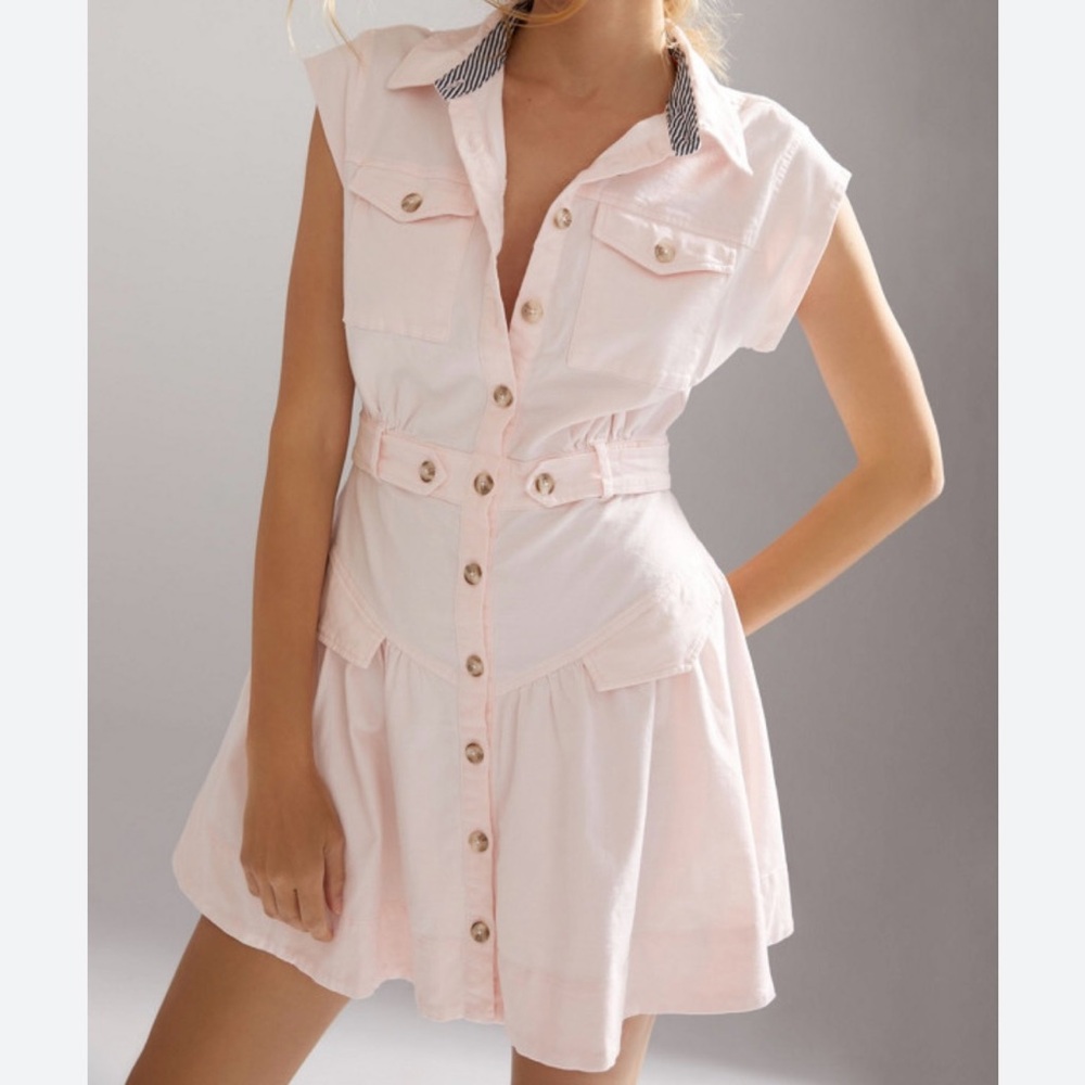 Anthropologie Pink Button Front Pink Cotton Mini Dress Utility Utilitarian Sz 10
